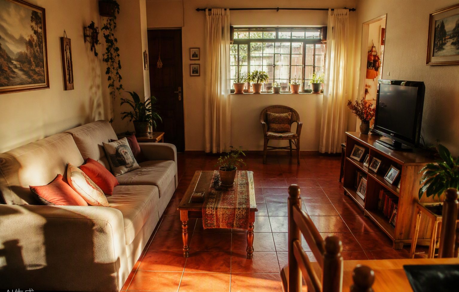 Sala de estar brasileira aconchegante com luz da tarde, sofá de tecido e plantas na janela