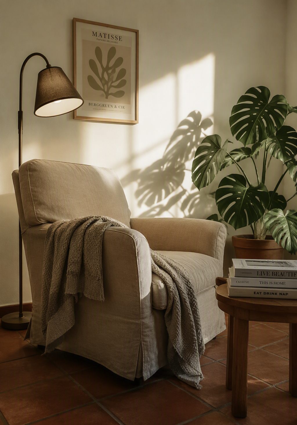Cantinho de leitura com poltrona, manta, luminária acesa e plantas