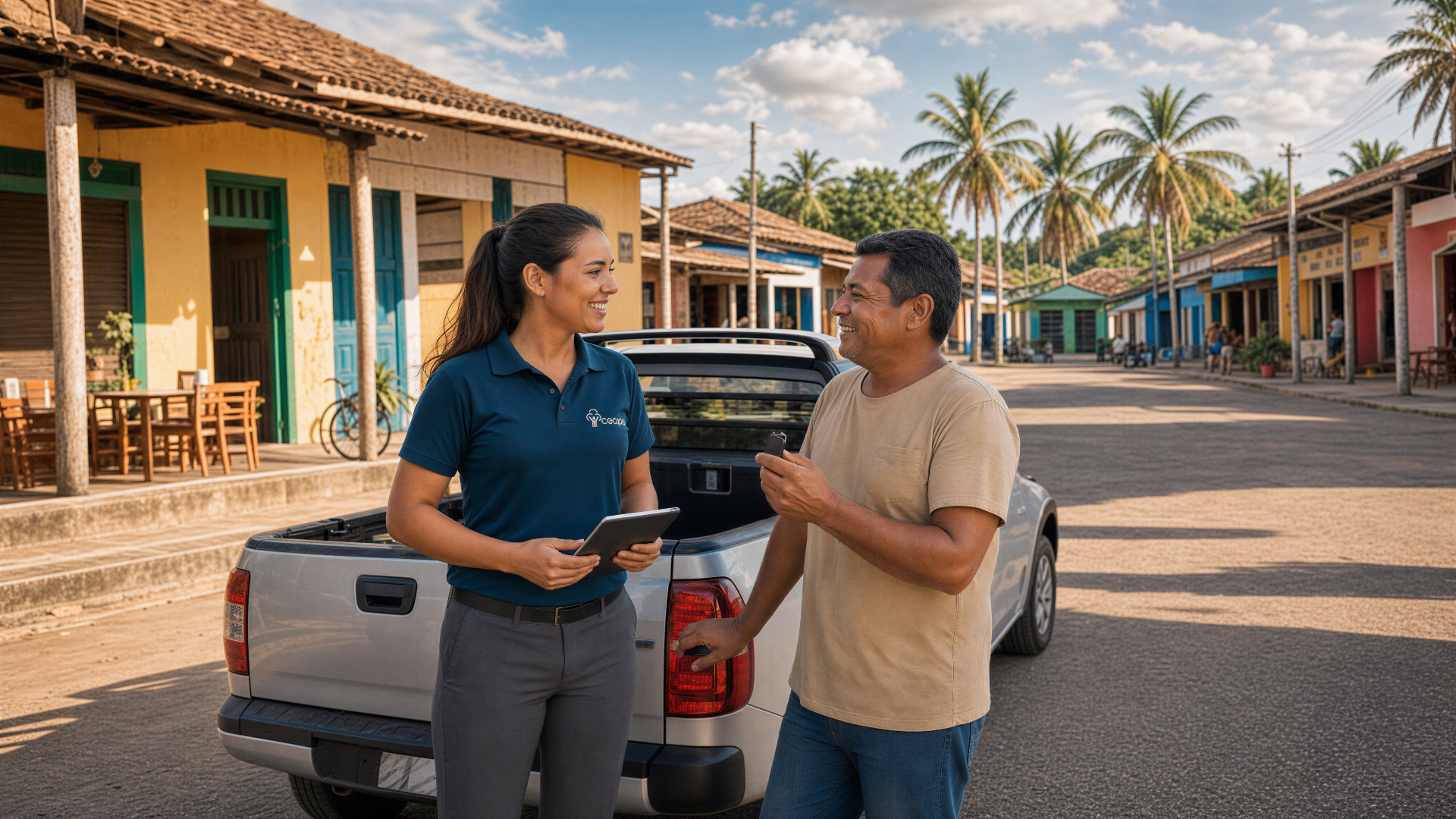 Assessora CEAPE conversando com empreendedor ao lado de veículo utilitário