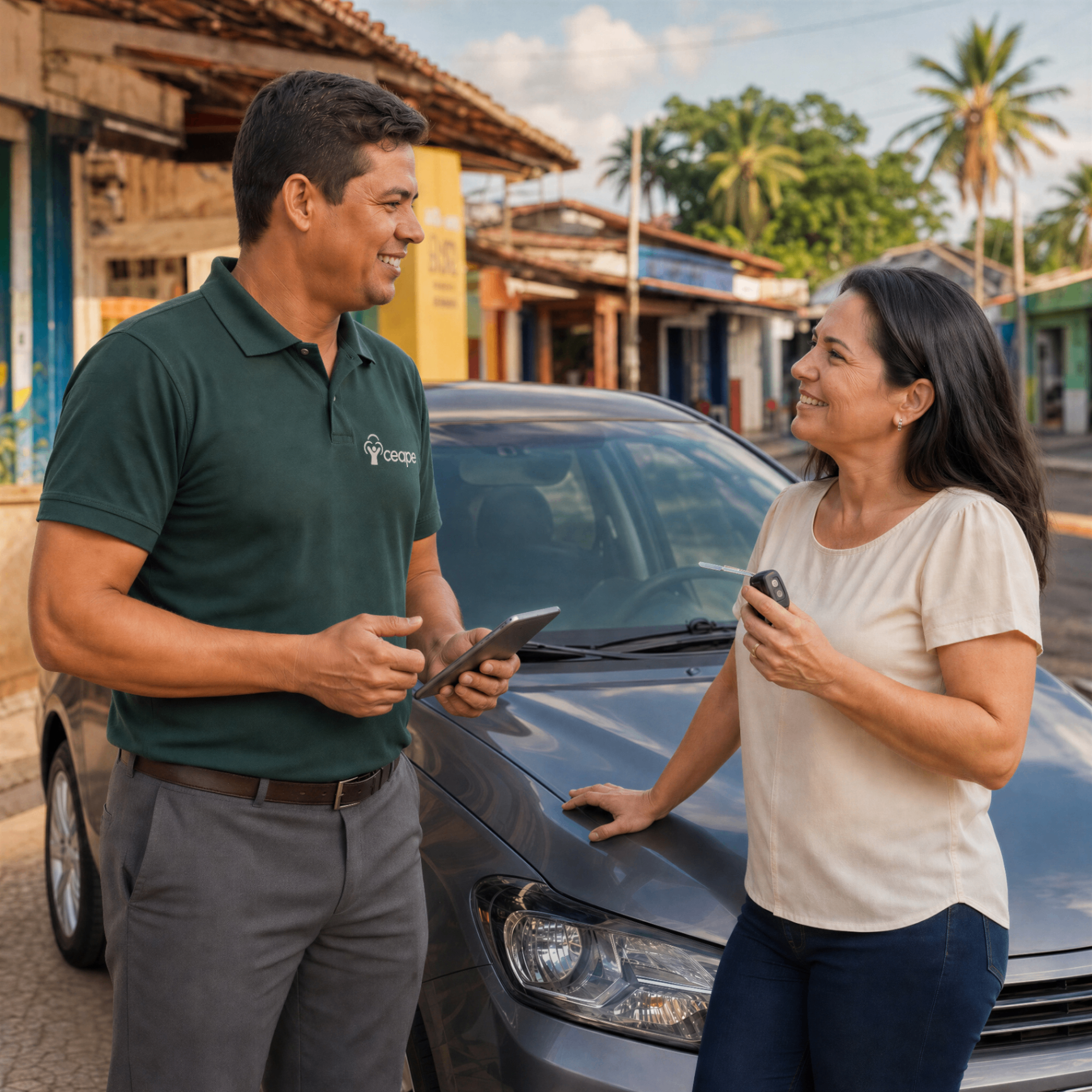 Consultor CEAPE conversando com empreendedora ao lado de veículo