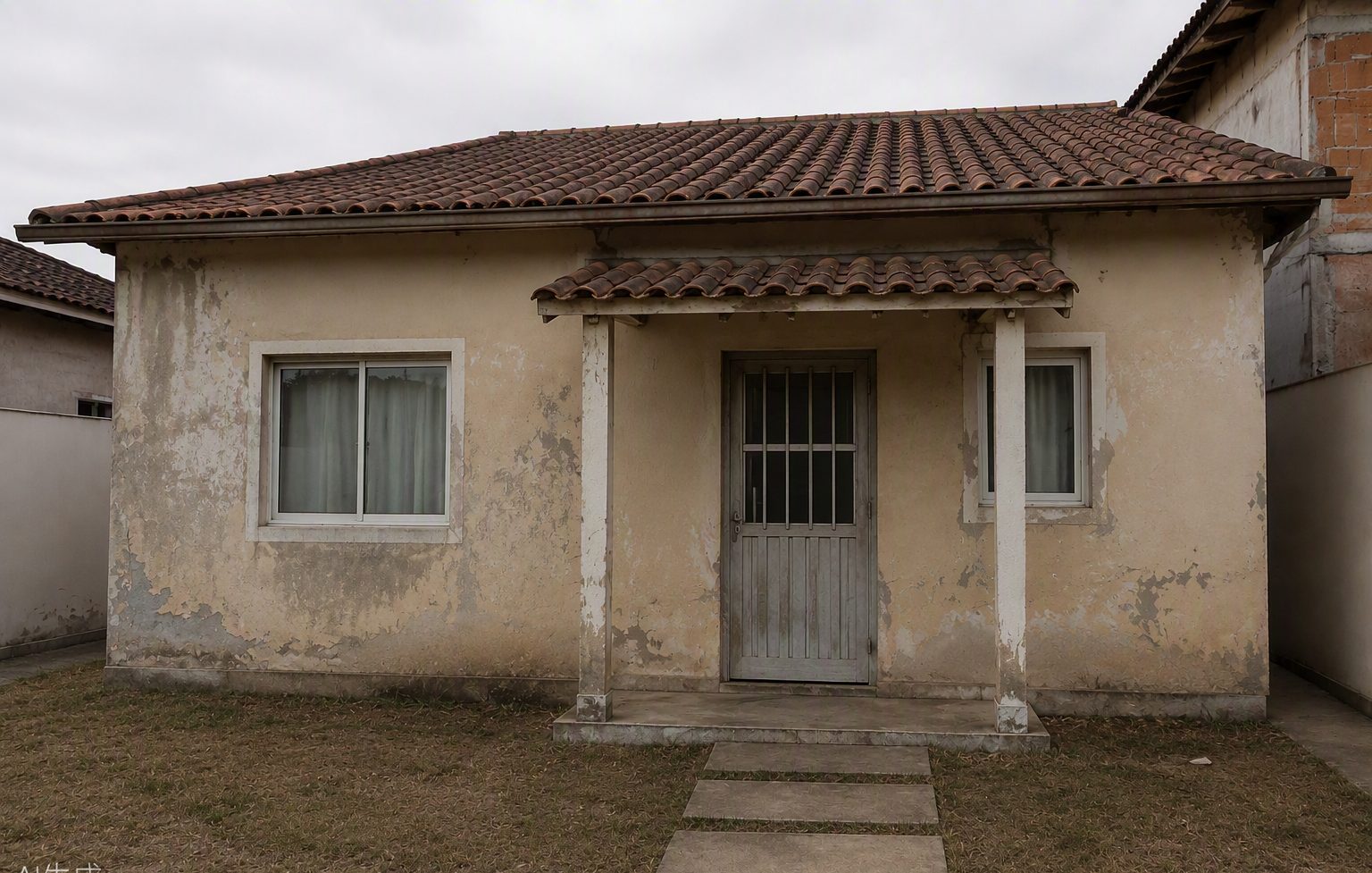 Fachada da casa antes da reforma, com pintura desgastada