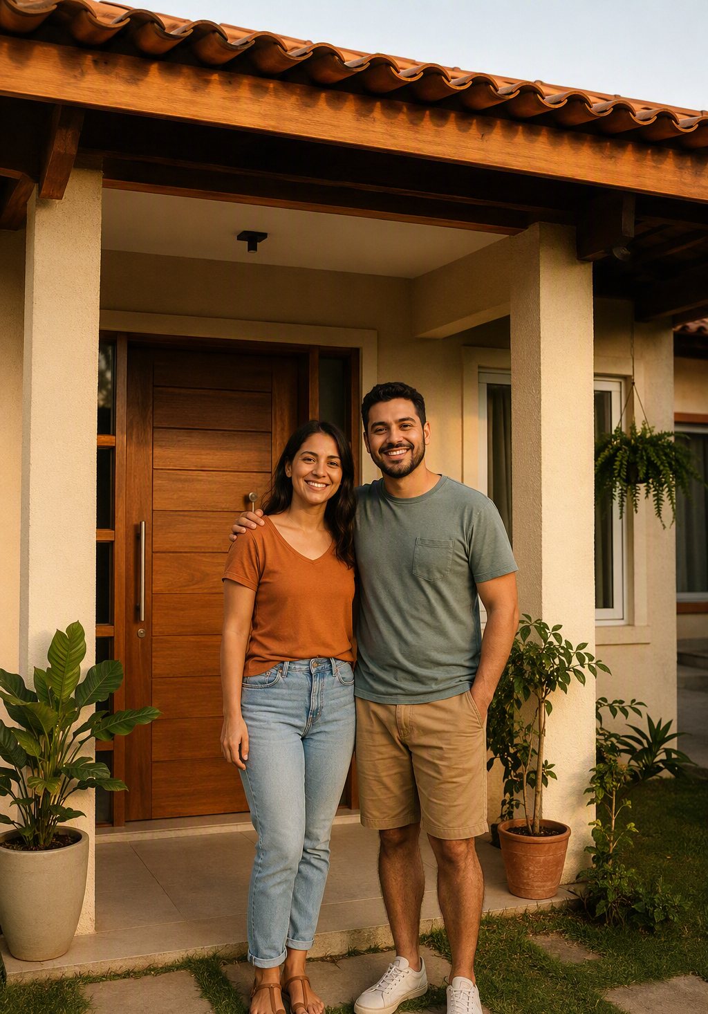 Casal brasileiro sorrindo na varanda da sua casa reformada, com telhado de barro e plantas