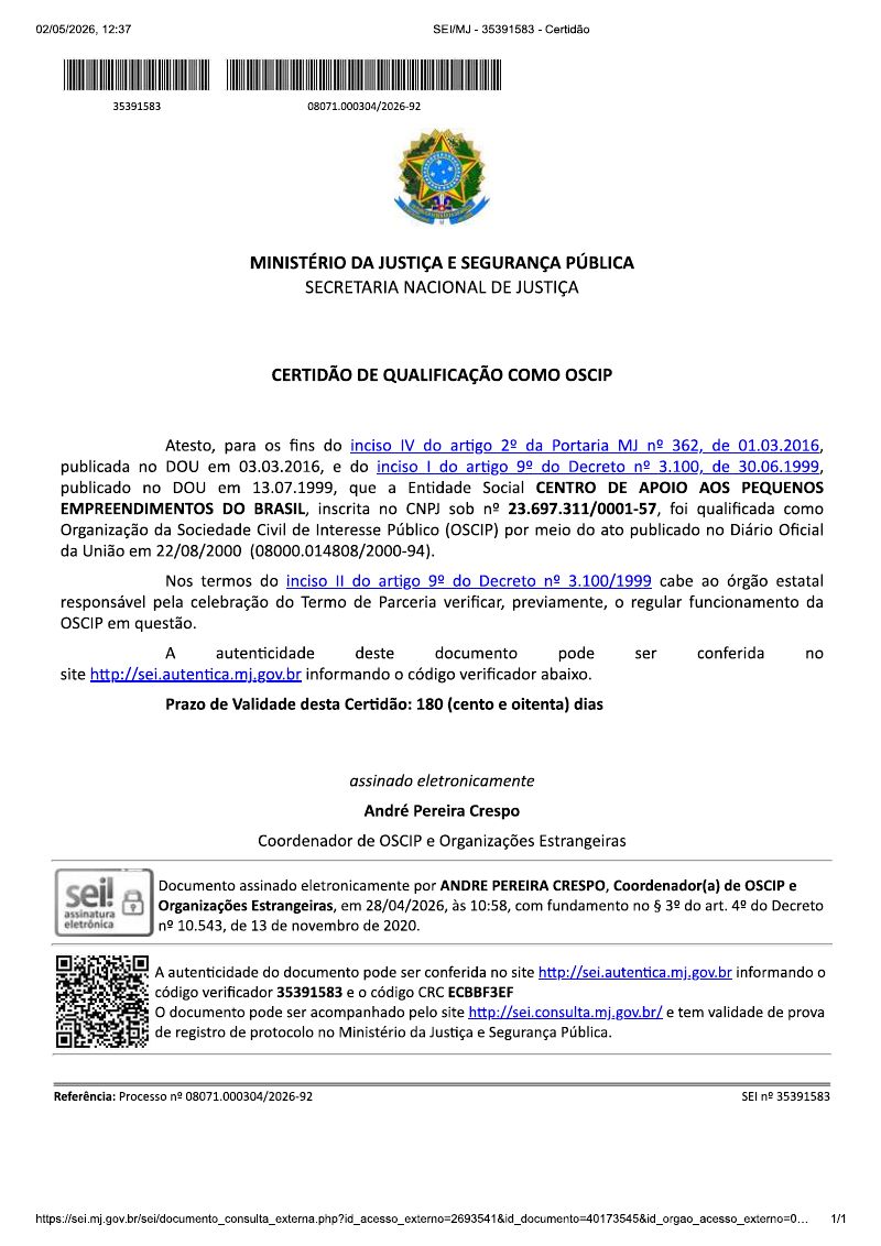 Capa do documento Certidão de Qualificação como OSCIP — 2026